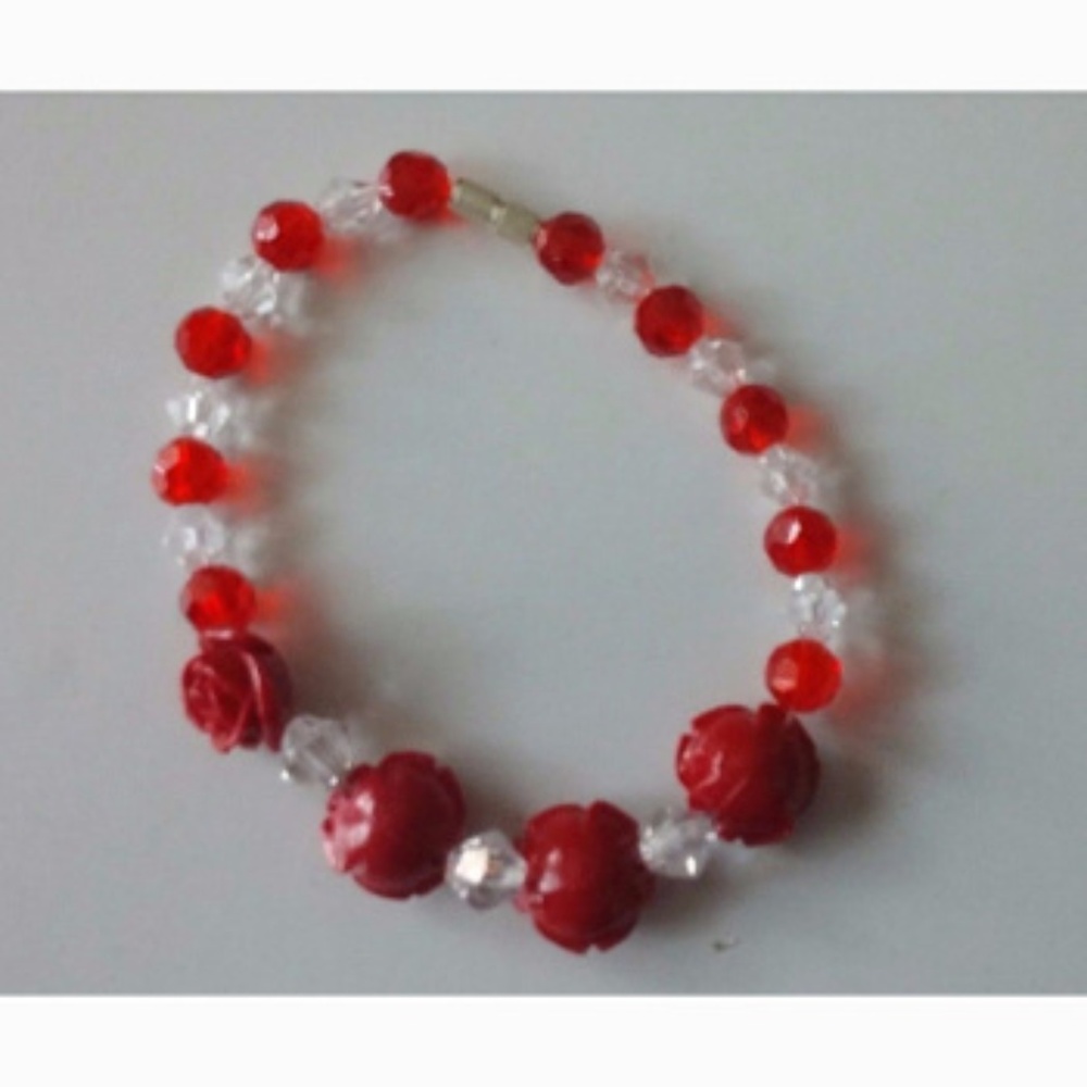 Handcrafted Plastic Beads Red Rose Bracelet 8.5"
